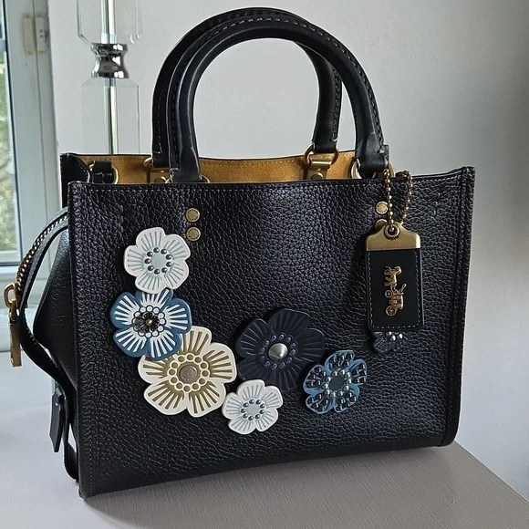 COACH Rogue 25 Black Tea Rose Leather Crossbody Bag - Picture 3 of 16